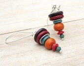 Stacked Cone Dangle Earrings, Orange Burgundy Turquoise Purple Ceramic Discs, Sterling Silver Long Earwires