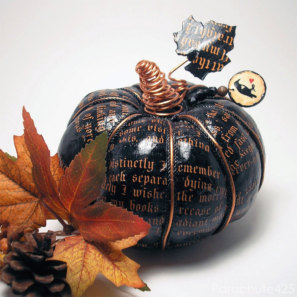 The Raven Pumpkin 123, black decoupage, Poe, Halloween, Fall decor, macabre, goth, poem, literature