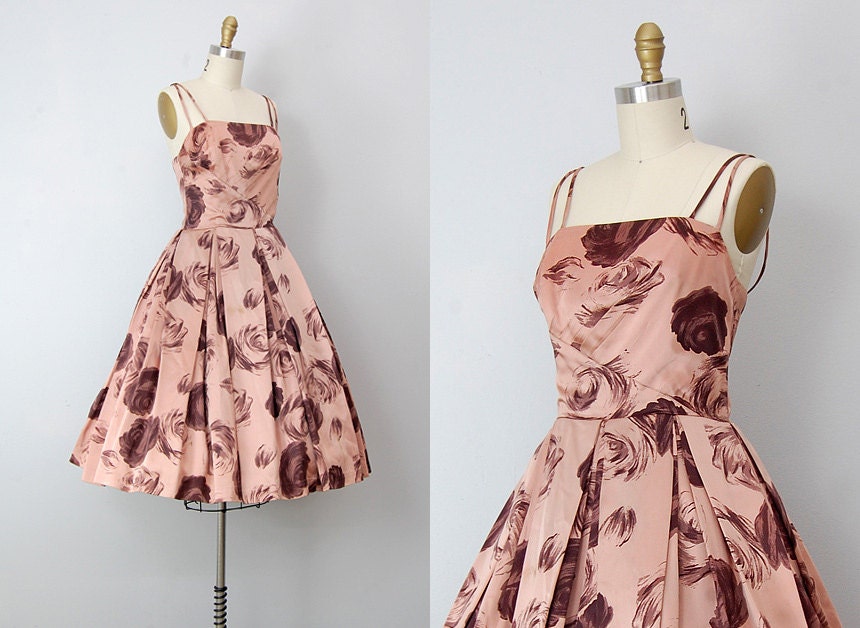vintage 1950s dress / vintage 50s party dress / rose print 50s cocktail dress