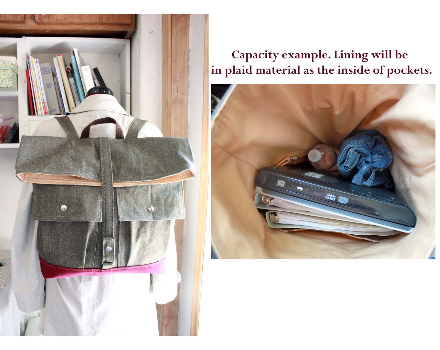 Reserved for tamismolin-----Women Foldover Canvas Backpack Handmade / Military look/ -- Made to Order--Save 10% off w/ Coupon SAVE10