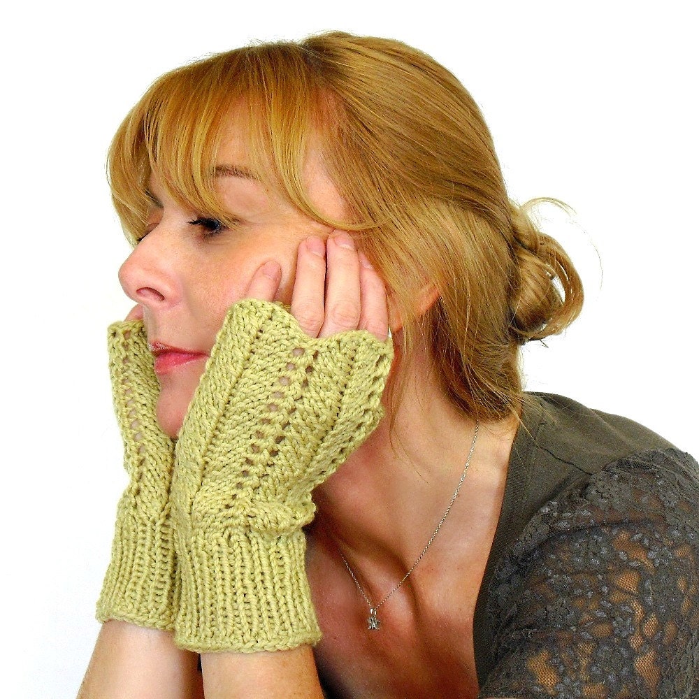 Chartreuse Fingerless Mittens Angela Lace Gloves Green Hand Knit Cashmere Merino Wool