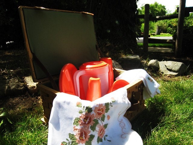 Vintage Wicker Picnic Basket with Table Setting Pieces Home and Living
