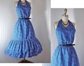 1950s Dress - Vintage 50s Blue Black Western Rockabilly Halter Cotton Sundress Full Skirt S - Hayride