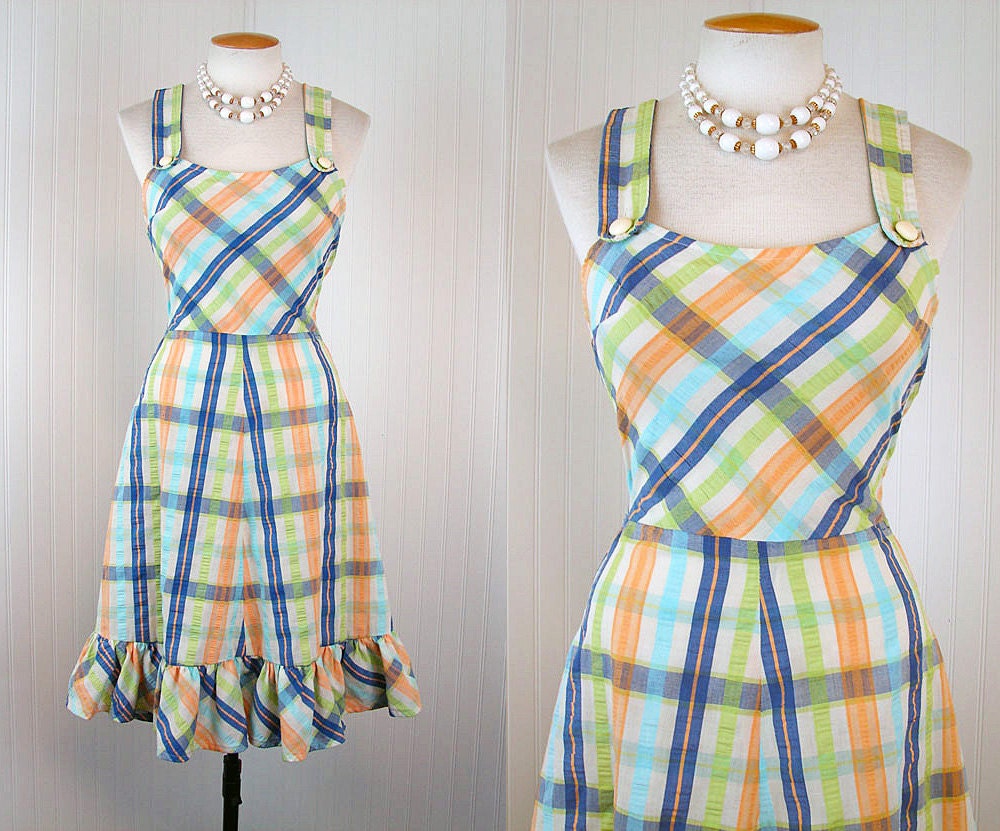 1970s Dress - Vintage Spring Plaid Cotton Preppy Full Skirt Sundress S - Skipping Stones