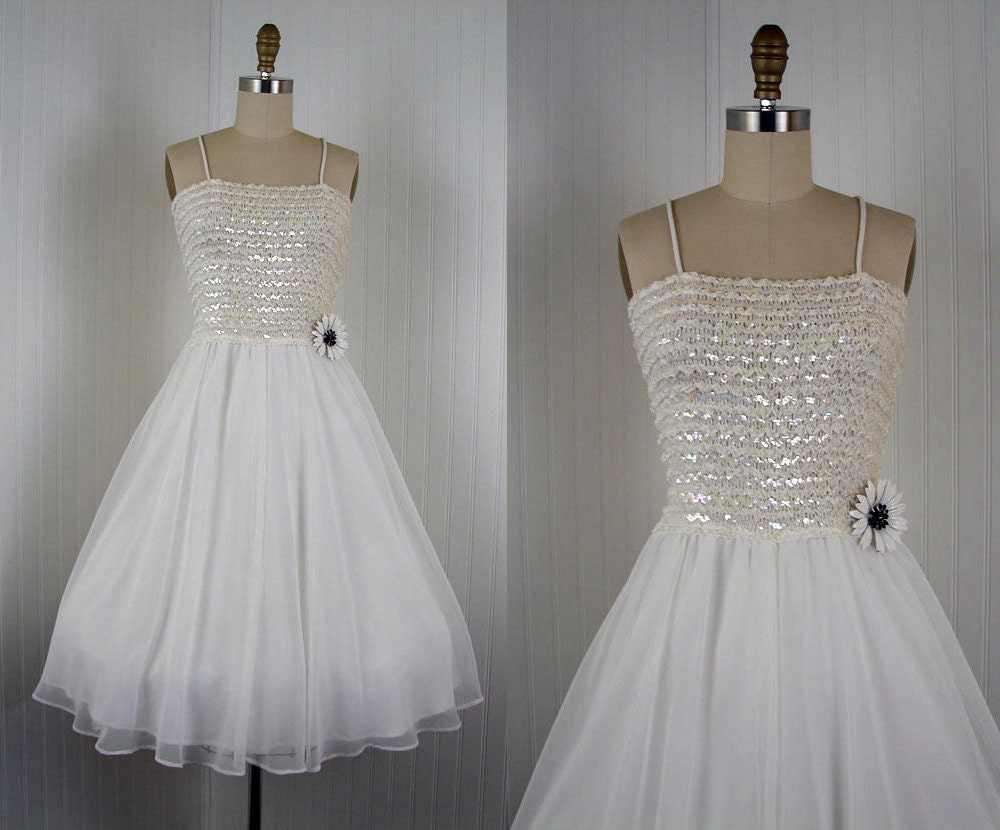 Vintage Wedding Dress - Vintage 1960s 1970s White Chiffon Party Prom Goddess Dress w Sequins S - Frolic