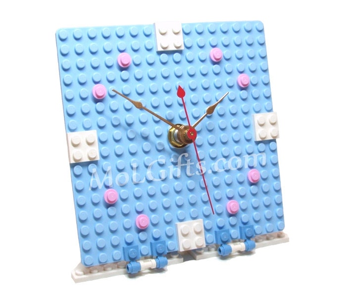 Geek Girl Clock made from New LEGO (r) Pieces, Pink and Blue