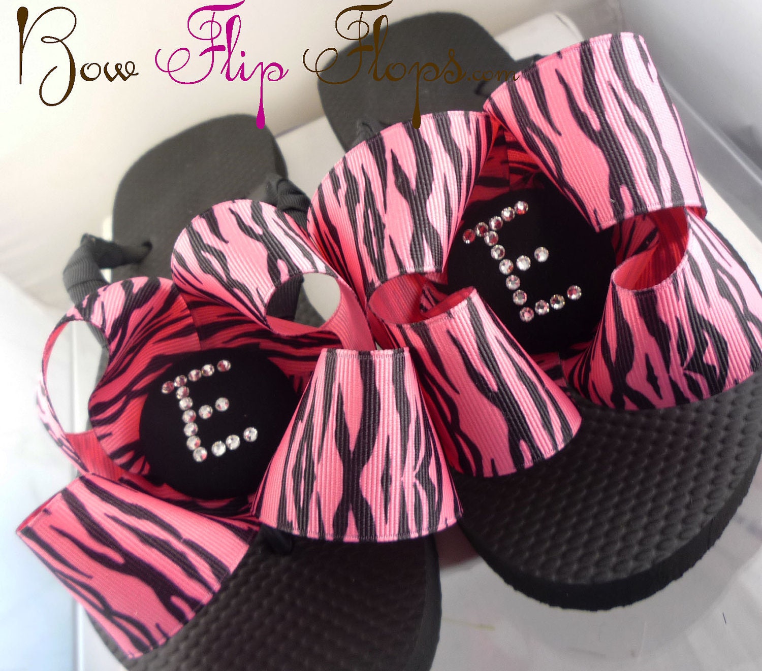 Personalized Flip Flops Rhinestone Zebra Bow Initial Chocolate Brown Ribbon Custom  Monogrammed Initial Flip Flops for Girls, Ladies