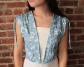 ALICE in WONDERLAND - 70s Boho Dress Ice Blue and White Gathered Shoulder Small