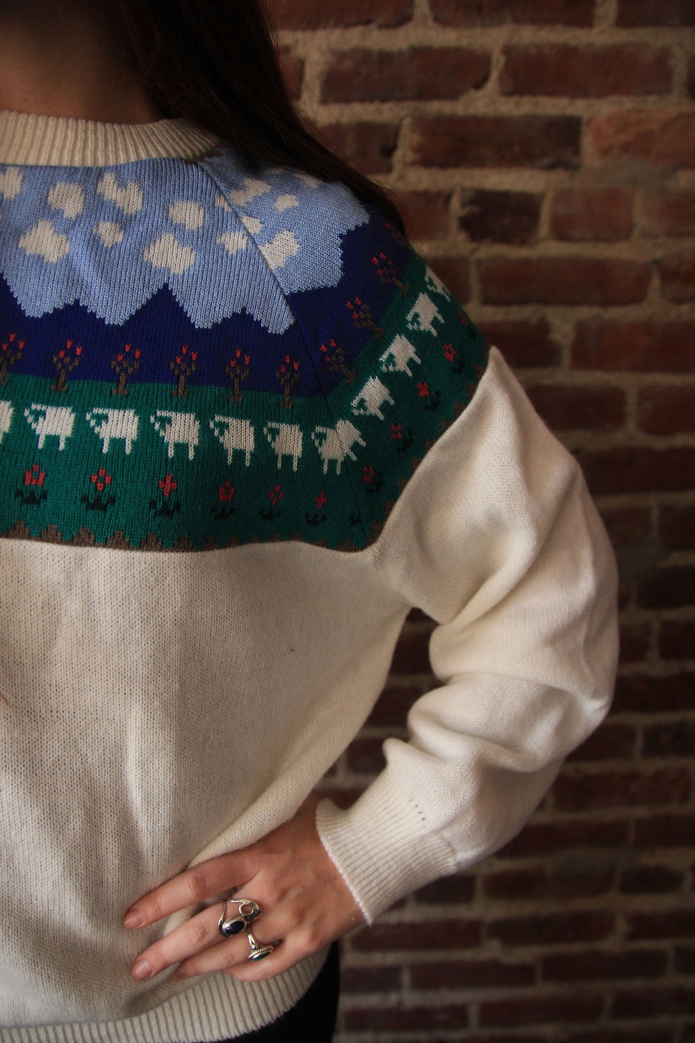 Little BO PEEP - Rad 80s Sweater Sheep Landscape Acrylic Soft Slouchy M L XL