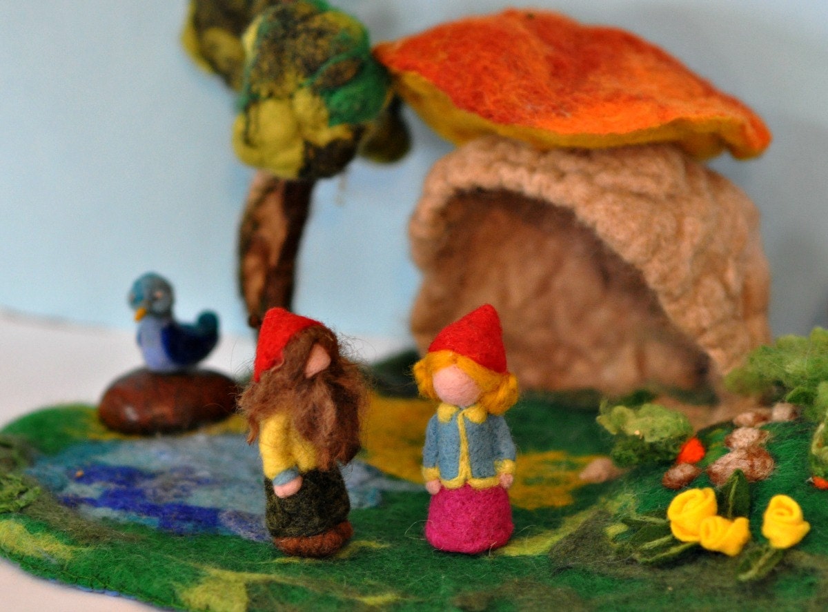 Needle felted Waldorf Forest creature playscape- Gnomes-Blue bird-needle felt by Daria Lvovsky-Made to custom order.