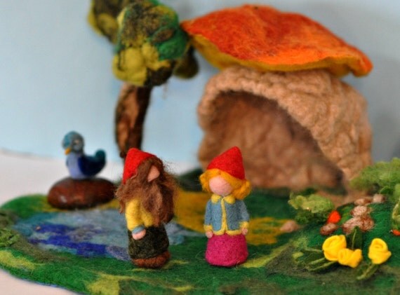 Needle felted Waldorf Forest creature playscape- Gnomes-Blue bird-needle felt by Daria Lvovsky-Made to custom order.