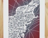 Linocut Print - East Coast Travel Map - 8x10 (Gray and Red)
