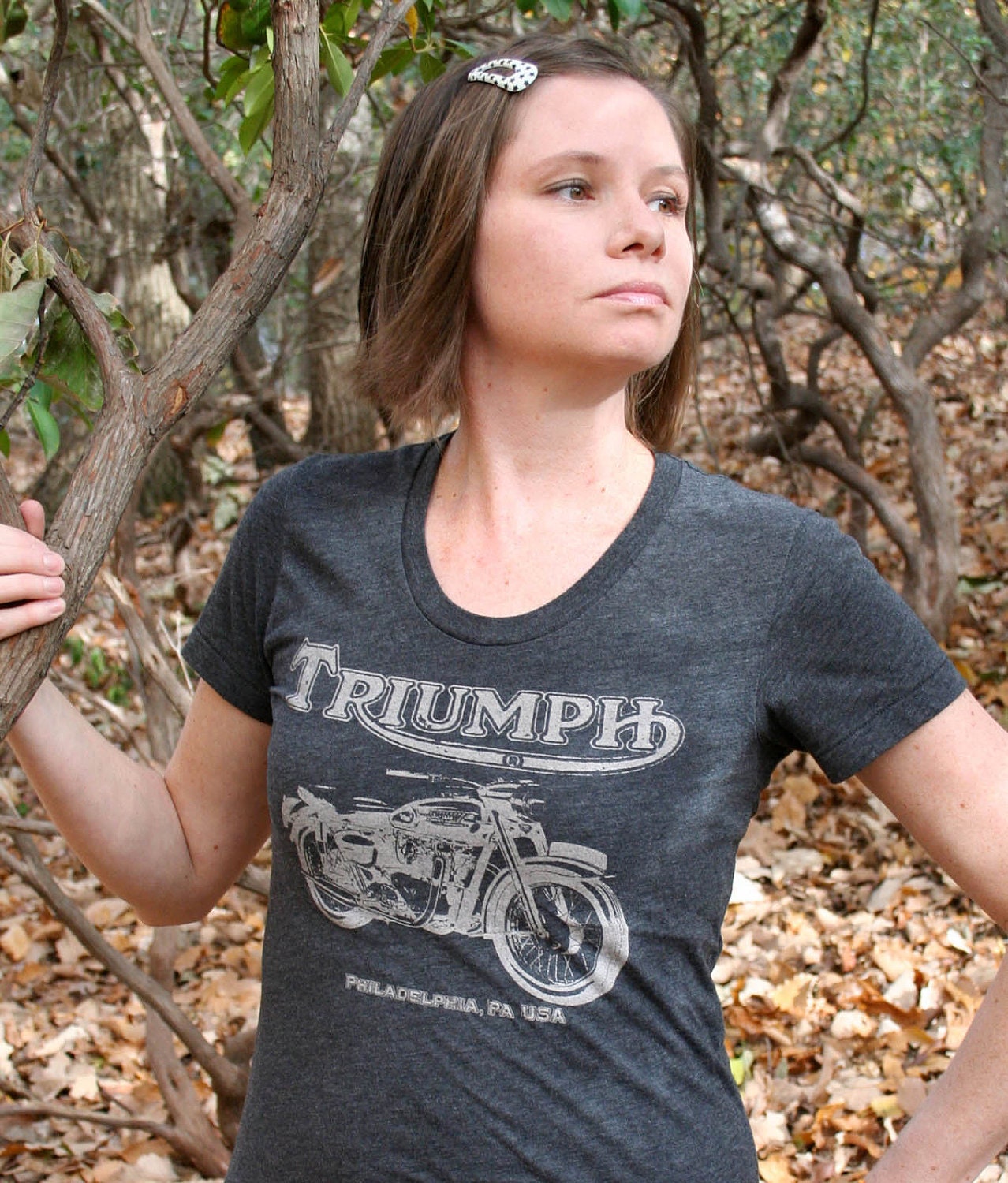 Triumph Motorcycle Vintage Style Print on American Apparel Heather Black Scoop Neck Tee for Women