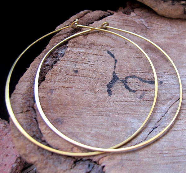 Golden Hoop Earrings 3 inch - Brass Hammered Hoops Extra Large - Thin Rounded Earrings