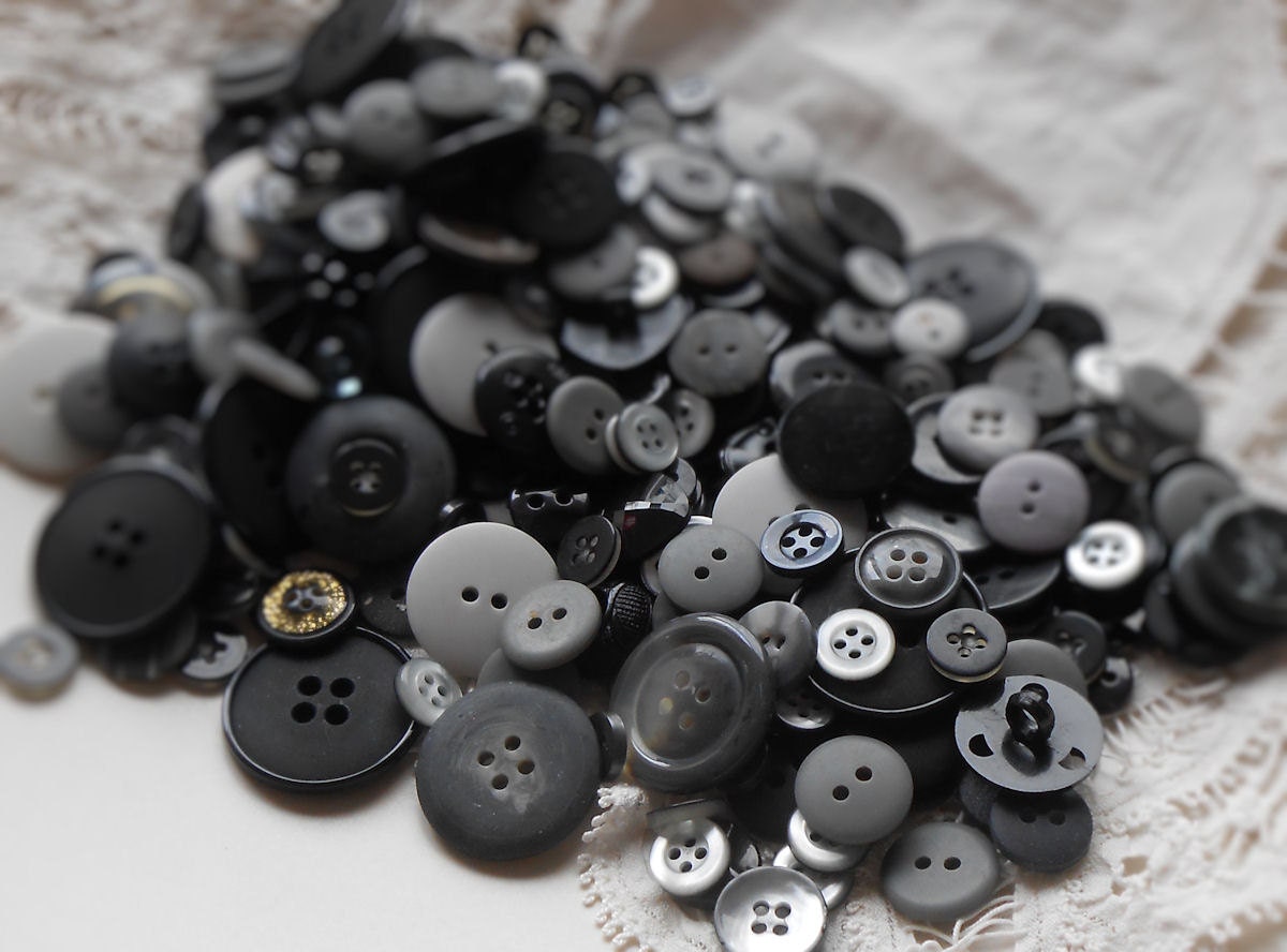 50 Premium Button Embellishments - Random Sampler Assortment Shades of Gray (gray) Black - Fun Surprise Grab Bag Great Value