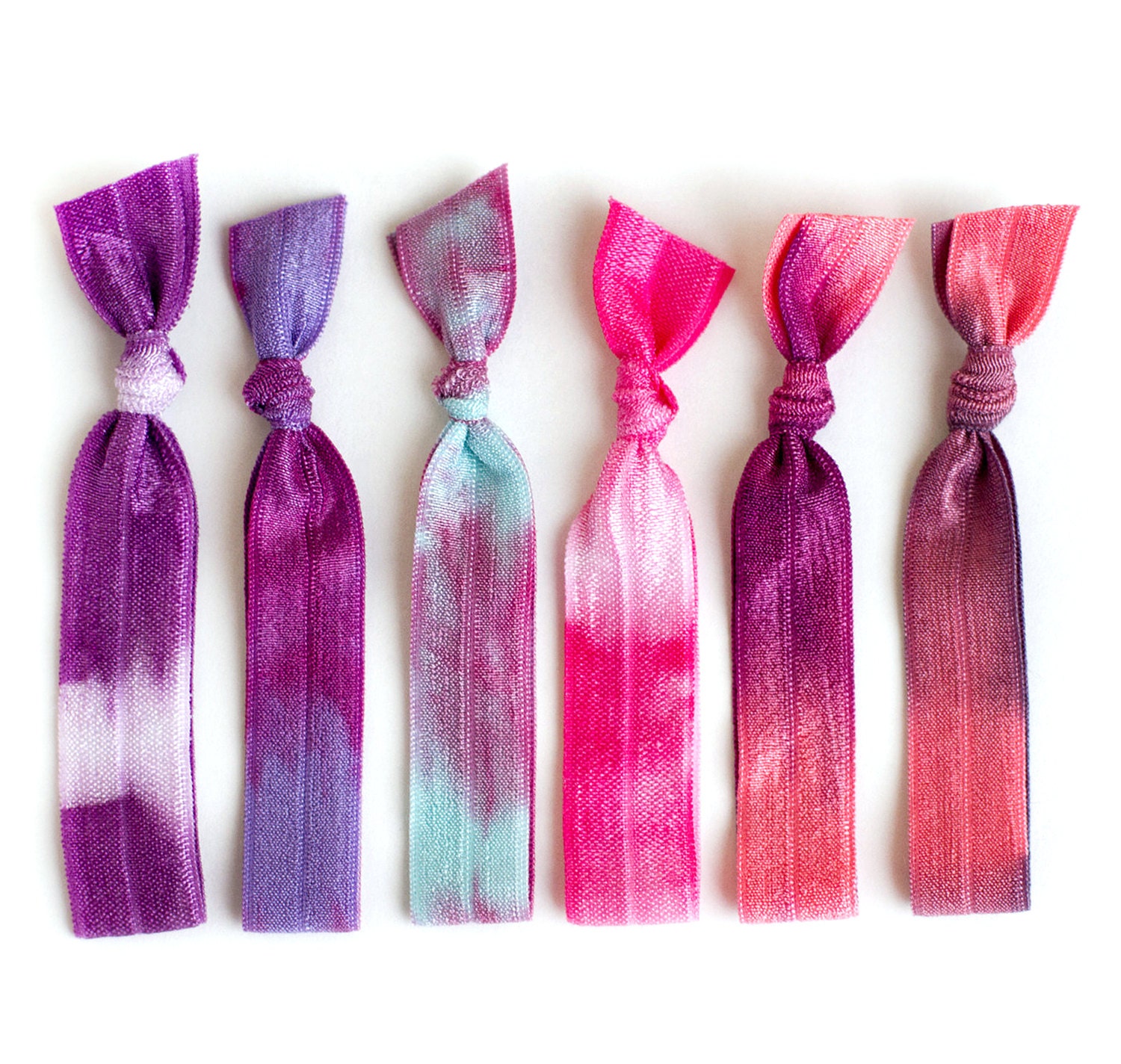 The Sugar Plum Tie Dye Hair Tie Package - 6 Pink Purple Feminine Elastic Tie Dye Hair Ties that Double as Bracelets by Mane Message on Etsy