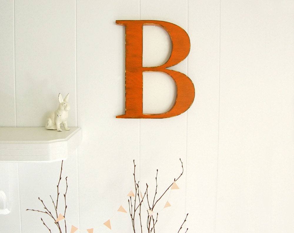 Poppy orange wooden wall letter B - wedding - nursery - home decoration