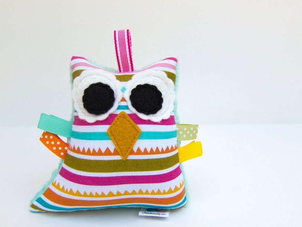 Owl Rattle Plush Softie Baby Toy - Pink Green Yellow Blue Orange Stripes