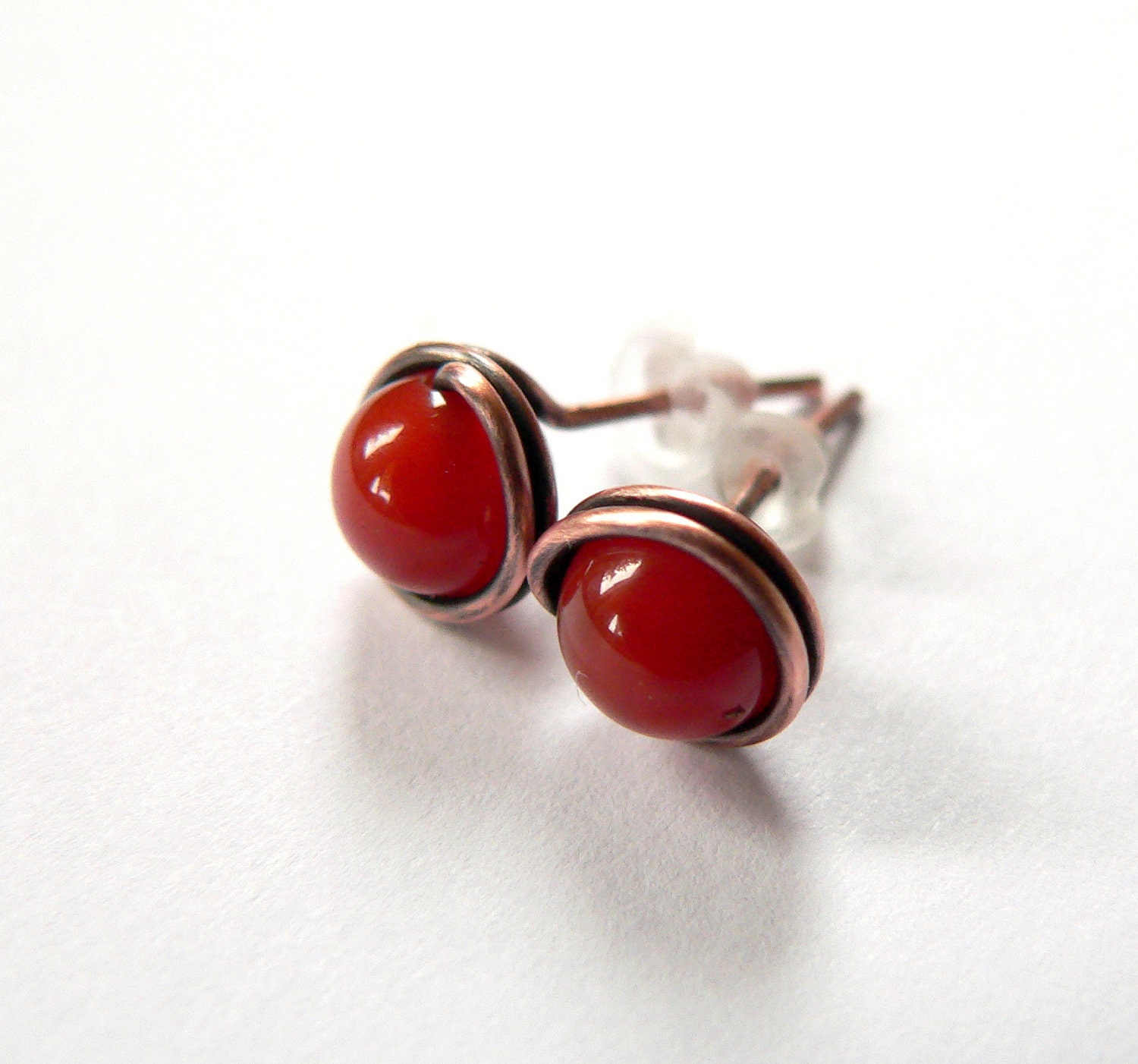 Red Carnelian Post Earrings, Antique Copper Handmade Natural Jewelry