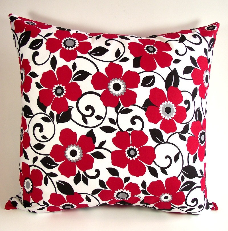 Throw Pillow Cover, Decorative Pillow, Red Black White, Handmade Accent Pillow, USA Cotton Pillow