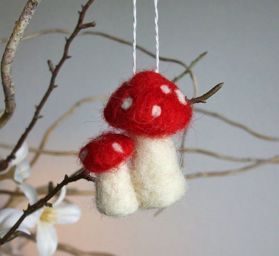 Red Mushroom Ornament, Waldorf, Needle Felted Toadstools