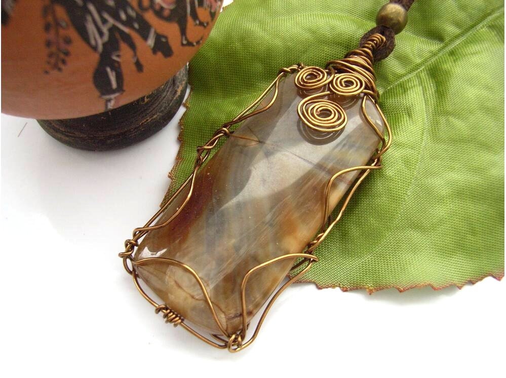 Wire wrapped bold pendant cord necklace vintage style