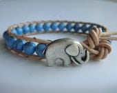 Turquoise Beaded Leather Bracelet, Elephant  Button, Good Luck Charm