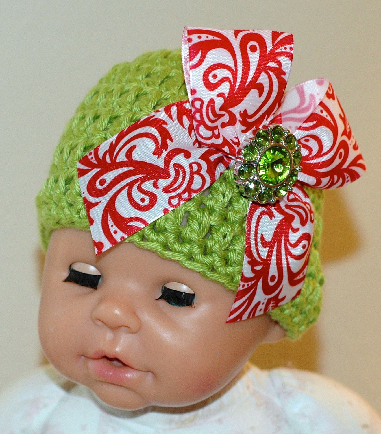 20% OFF SALE - Organic Cotton and Soy Christmas Beanie Hat - Lime Green with Red & White Scroll Bow and Rhinestone - Newborn Photo Prop