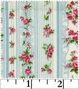Romantic Memories Cotton Fabric Quilt Gate 8787-3C Blue stripes and pretty pink roses