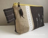 Zipper pouch in dark chocolate wool with faded gold silk, cream lace and embroidery