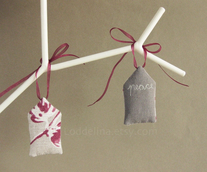SALE - set of 3 -  little house ornaments Peace Hope Love in khaki and floral canvas