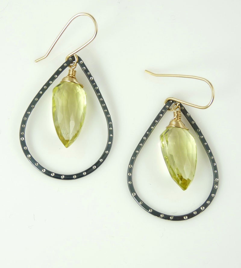 Gemstone Teardrop Earrings, lemon quartz, modern teardrop, blackened, gold, shield, large gem earrings