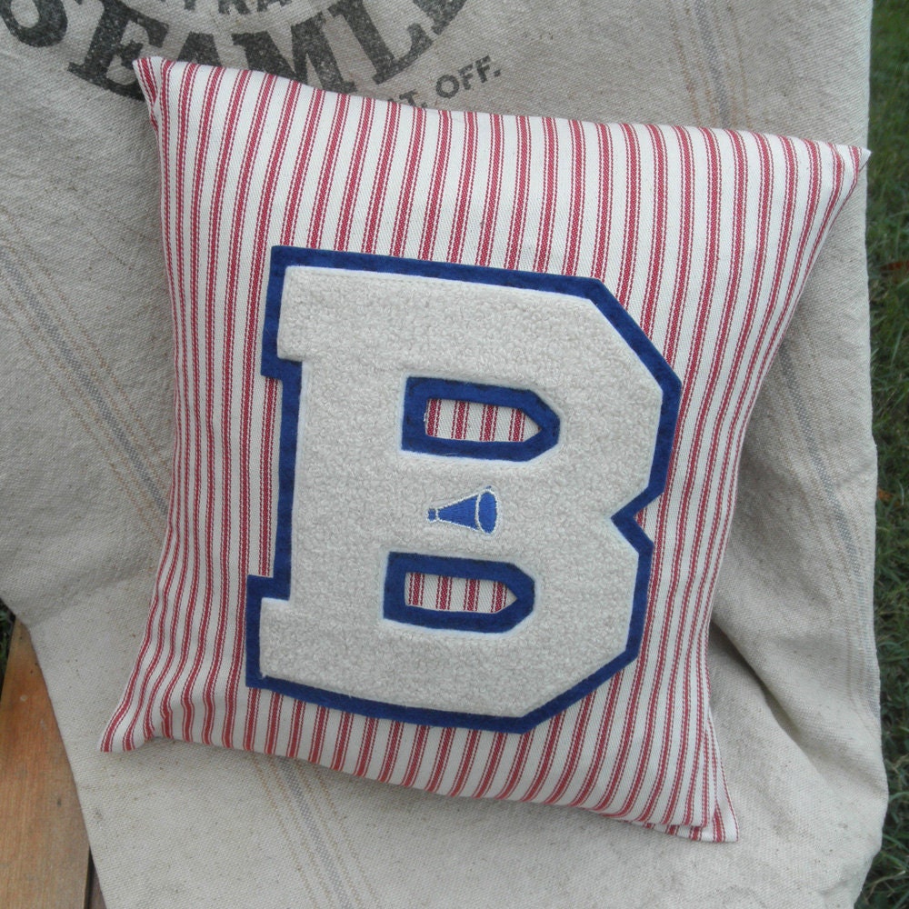 Vintage Varsity Letter Pillow, Varsity Letter B, Mattress Ticking Down Pillow