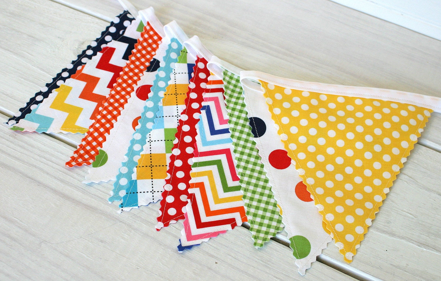 Birthday Decoration Colorful Bunting Fabric Banner Flags - Rainbow Chevron Dots Gingham - Ready to Ship