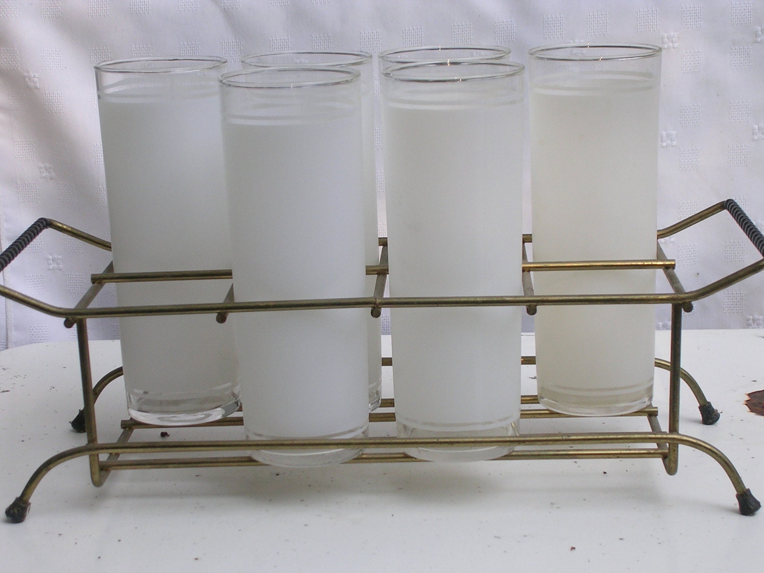 Vintage Highball Iced Tea Glasses Frosted White with Carrier Set of 6