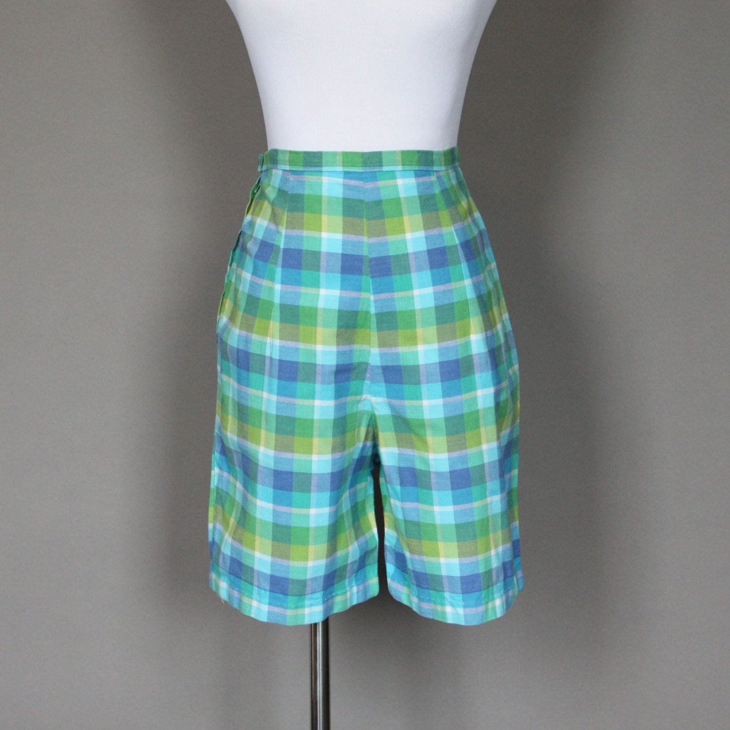 Vintage 60s Shorts 1960s Womens Pin Up Rockabilly Plaid High Waist Shorts Blue and Green Small