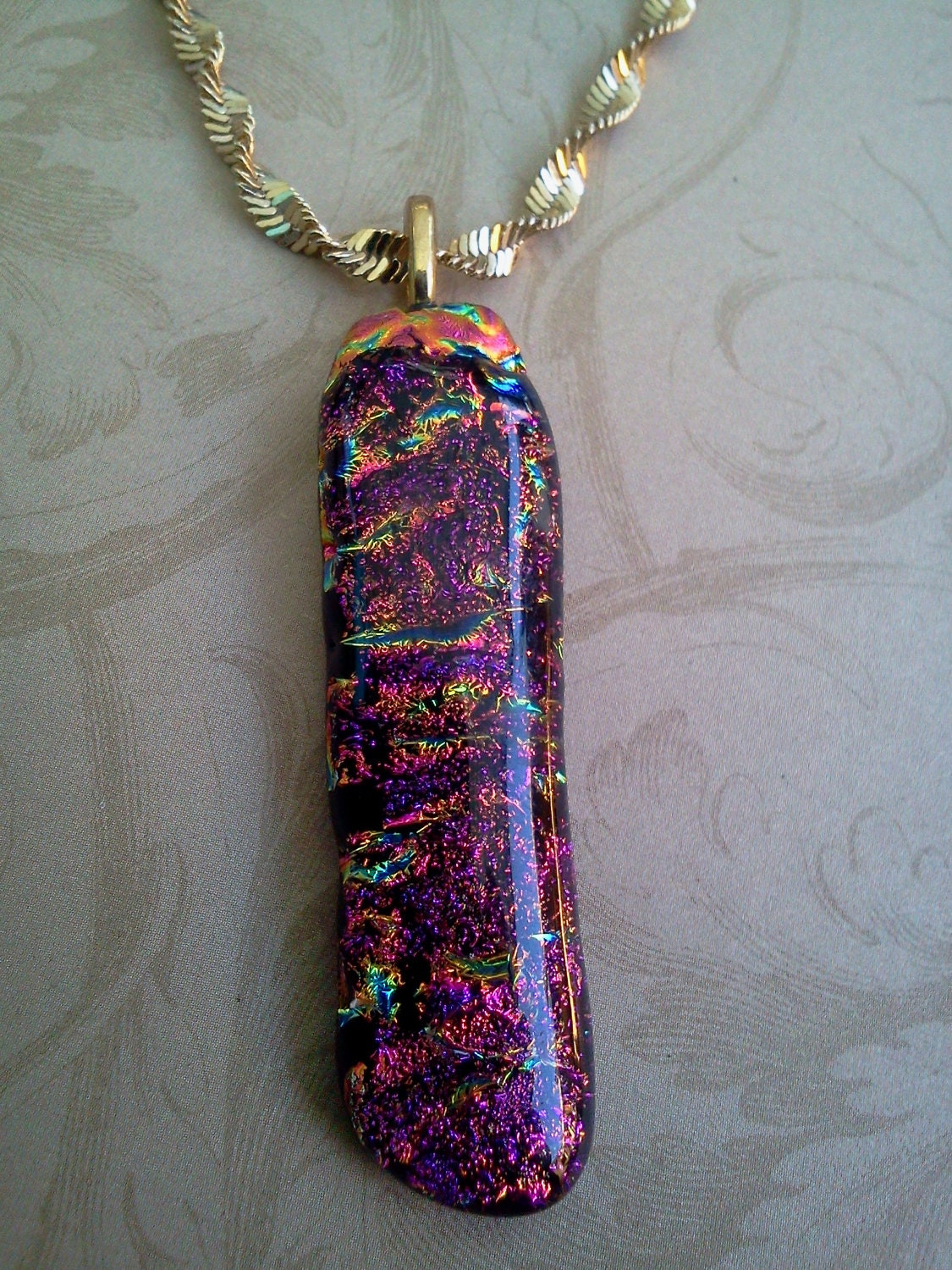 Fused Glass Dichroic Necklace with Pinks and Purples,  SRAJD