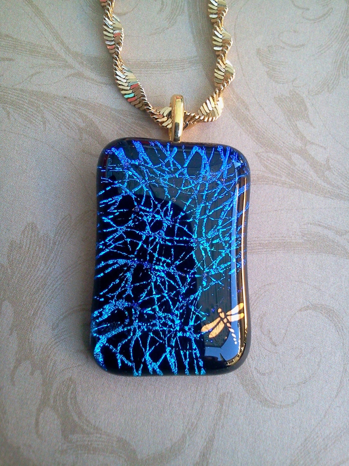 Fused Glass Dichroic Necklace with 22 Karat Gold Dragonfly, Shades of Blue Glass, SRAJD