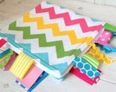 Ribbon Tag Lovey - Pink Aqua Green and Yellow Chevron - Baby Girl Blanket - Chevron Zig Zag