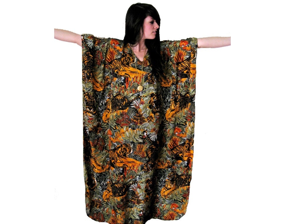 Caftan Smock Dress, Safari Print Tunic Maxi Dress, Jungle Boho Long Dress, LARGE, XL, 2XL
