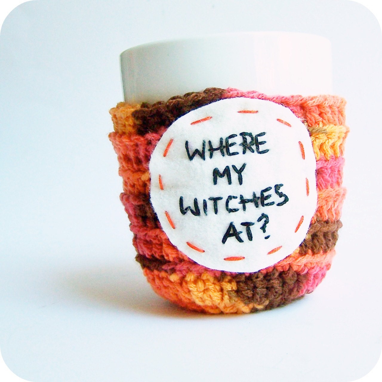 Witch Coffee Mug Cozy Tea Cup orange brown crochet handmade cover