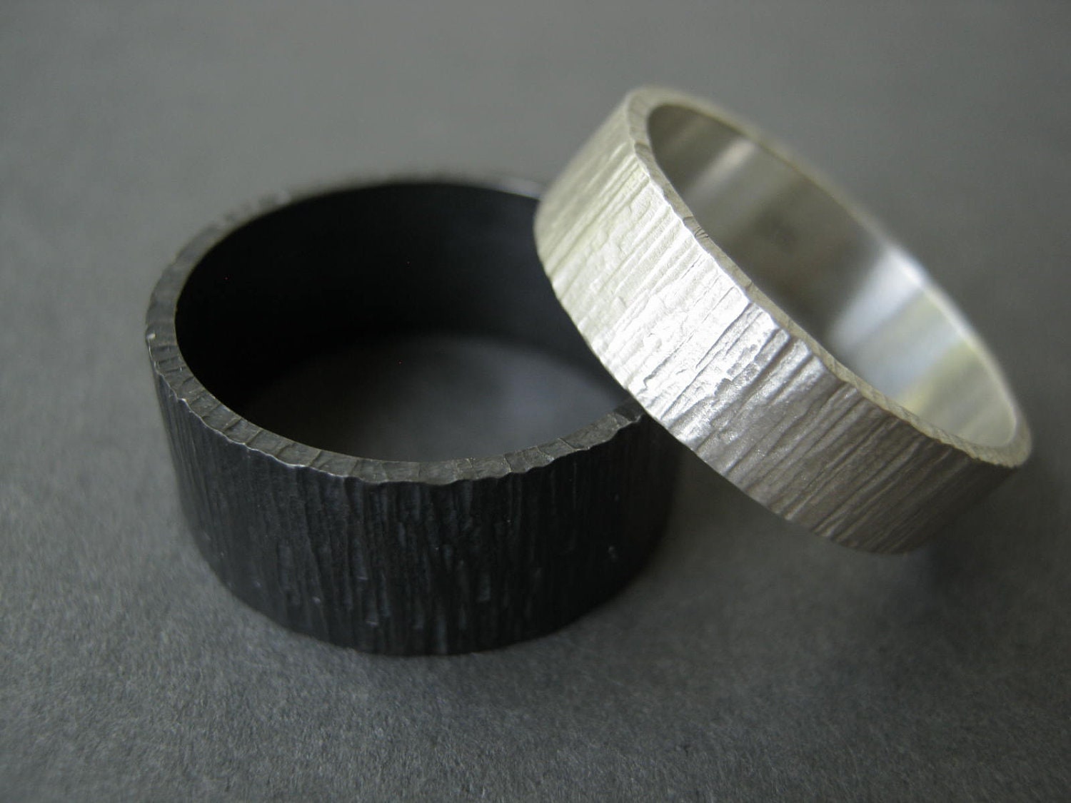 Day & Night Birch Bark Wedding Ring Set - Rustic Heavy Bands in Sterling Silver