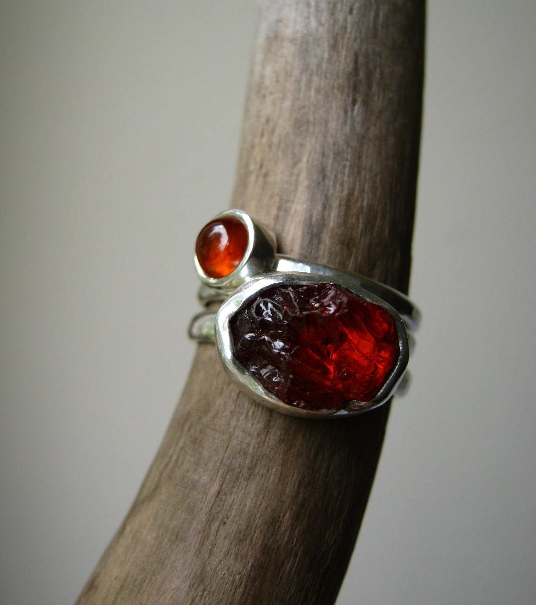 Two forms of a Stone - Rough and Cabochon - Plus a Plain band - Custom made in your size - Three stack rings in Sterling Silver