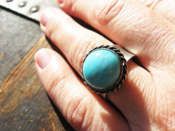 Turquoise and Silver Adjustable Band Ring - Vintage Upcycled Silver and Turquoise Ring - Eco Mother's Day