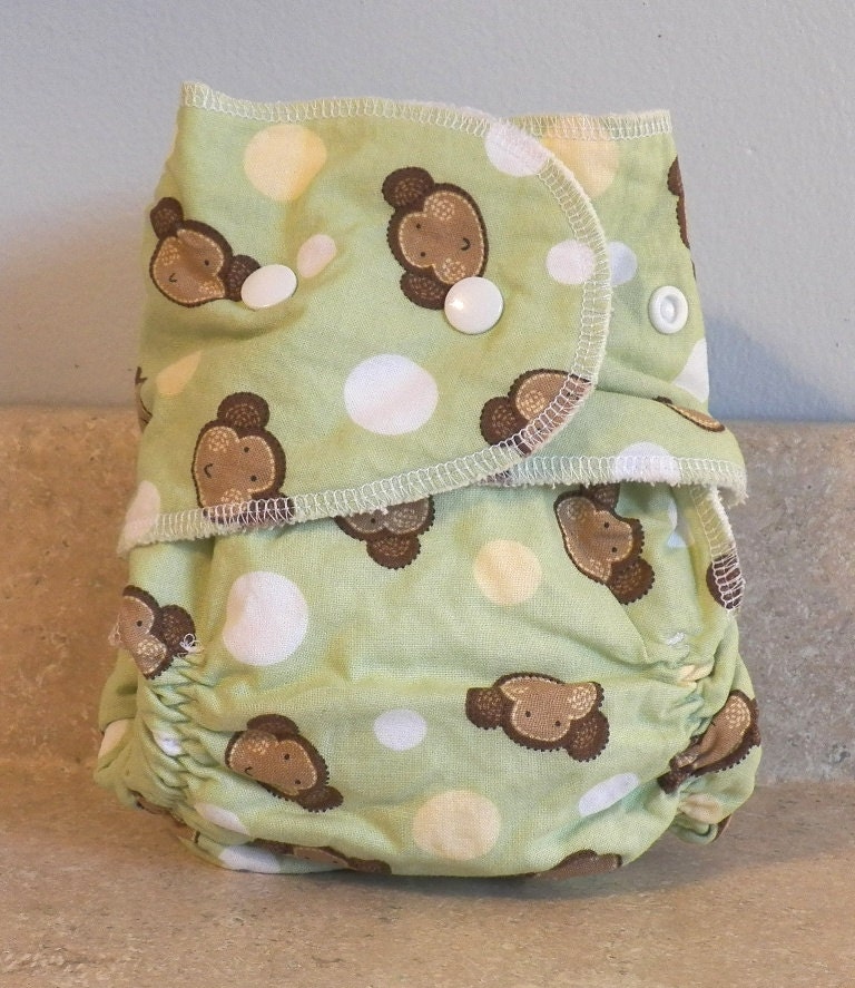 Fitted Large Cloth Diaper- Monkeys - 20 to 30 lbs
