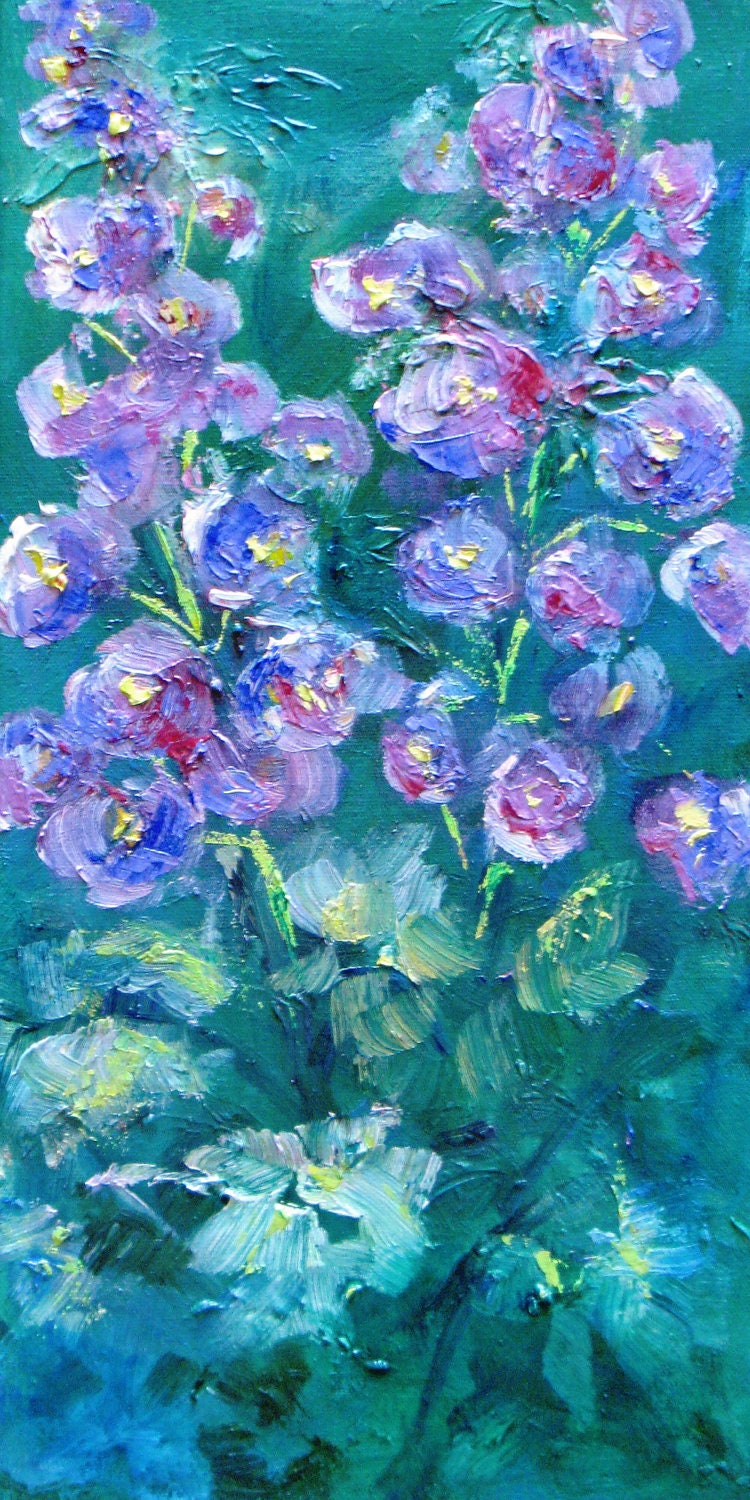 abstract delphinium original oil painting impasto impressionism palette knife flower garden canvas 8 x 16 fine art