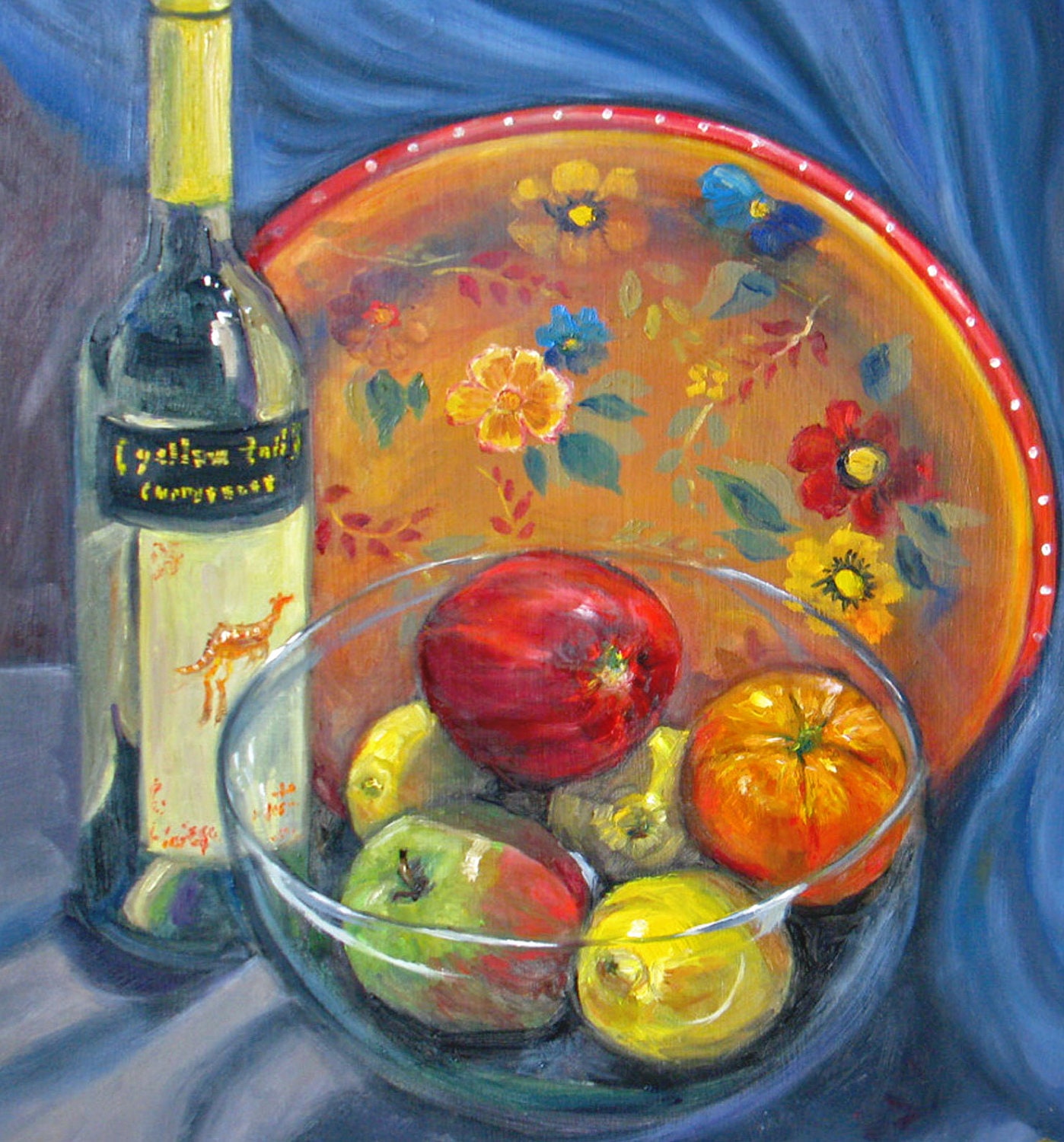 realism Original Oil painting Yellow Tail wine apples lemon and orange southwest still life impressionism realism fine art  18 x 18
