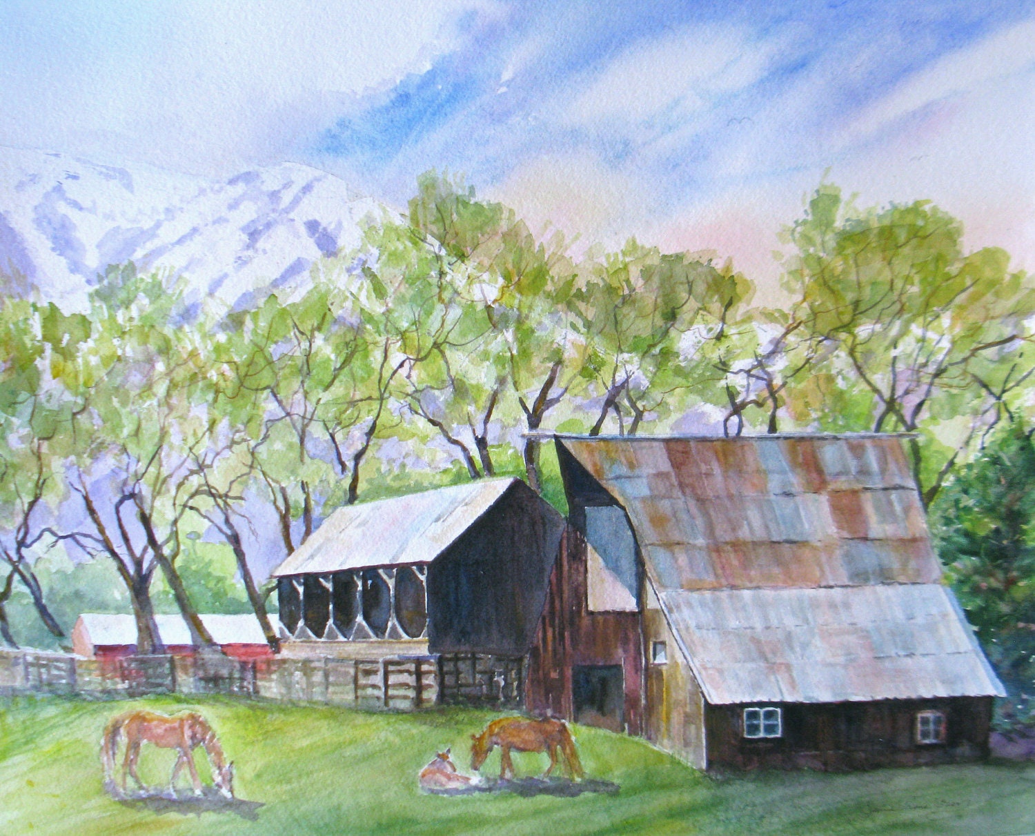 large original watercolor painting  landscape barn horses western impressionism foal pasture rocky mountains fine art 16 x 20