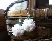 Upcycled Vintage White Snowball with Aqua Crystal Earrings