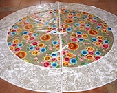 Gold Bloom and Toille Mexican Christmas Oilcloth tree skirt LARGE REady to Ship